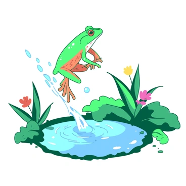 A green tree frog with bright orange spots leaps into a small pond, creating a large splash as it hits the water. The frog's legs are fully extended, showing the action of its powerful jump. Water droplets are captured mid-air, glistening in the sunlight. Surrounding the pond are lush green leaves and a few colorful flowers peeking through. The reflection of the frog and the surrounding plants can be seen on the surface of the water.