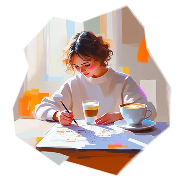 An artist with medium skin and curly hair, wearing a comfortable sweater, is sitting at a wooden table, holding a latte in one hand. The latte has a rich frothy top with intricate latte art. On the table, there is a sketchpad open in front of her, filled with rough sketches and creative ideas. She is focused on her work, with a pencil in her other hand, drawing vividly on the page. Natural light streams in from a nearby window, casting soft shadows across the scene.
