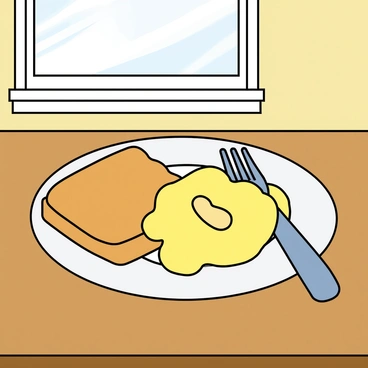 A round white plate sits on a wooden table. On the plate, there are fluffy yellow scrambled eggs, slightly piled in the center. Next to the eggs, two slices of golden-brown toast are arranged, with one slice slightly overlapping the other. A small dollop of butter sits on top of the toast, slowly melting. A fork is placed casually beside the plate. In the background, a bright window allows natural light to fill the scene, illuminating the delicious breakfast.