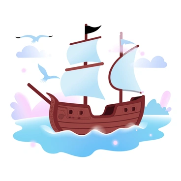 A pirate ship with sails made from coconut palm leaves on a calm sea