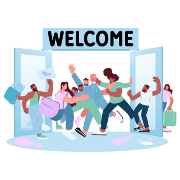 An arrival gate at an airport filled with excited passengers emerging from a terminal. Some passengers are carrying vibrant luggage in various colors. A group of people is seen embracing each other with joy, showcasing different styles of clothing. Behind them, a large "WELCOME" sign is prominently displayed. The atmosphere is lively, with others in the background holding signs and balloons. Soft gradient pastel colors fill the scene, adding to the sense of warmth and happiness.