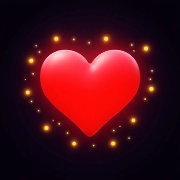 A glowing heart in bright red color. The heart is surrounded by numerous dancing fireflies emitting soft yellow light. The fireflies create a shimmering effect against a dark background, reflecting the essence of a warm summer night.