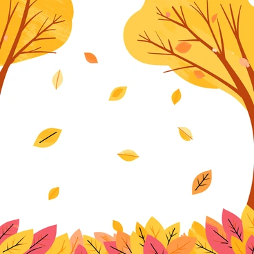 A scene depicting autumn leaves falling from trees. The leaves are richly embroidered in shades of orange and gold, showcasing intricate patterns. The trees have a strong brown trunk and branches extending outward, with some leaves still attached. A gentle breeze is illustrated by the movement of the leaves, creating a dynamic and vibrant atmosphere. The ground is covered with a thick layer of fallen leaves, adding to the colorful autumn setting.