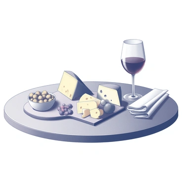 An elegant setup of assorted cheeses and a glass of red wine on a table