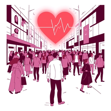 A person stands in the center of a bustling street filled with various individuals moving in different directions. The crowd is composed of people of different ages and ethnicities, some carrying shopping bags and others talking on their phones. Above the person, there is a large, glowing red heart that appears to be pulsating rapidly, emphasizing the person’s heartbeat. The heart is surrounded by a soft glow that contrasts with the colors of the crowded street, drawing attention to its rhythmic movement. The atmosphere is lively, filled with the energy of urban life.