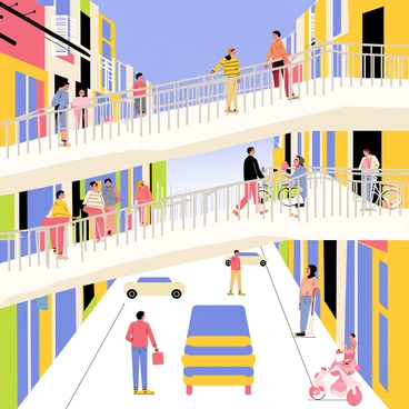 A vibrant city street scene with multilevel walkways filled with bustling pedestrians. The walkways are made of light-colored concrete and are connected by a series of silver metal railings. Below, the street is lined with colorful storefronts and vehicles moving through, with some bicycles parked along the edges. The pedestrians above are dressed in a variety of casual clothing, some carrying shopping bags and others chatting as they move from one walkway to another. The sky is a clear blue, adding to the lively atmosphere of the scene.