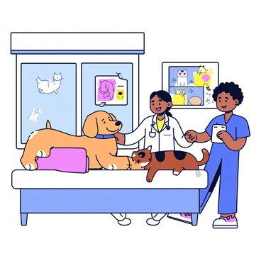 A veterinary hospital with a bright exterior featuring a large window. Inside, a cheerful dog with a fluffy coat is being gently petted by a smiling veterinarian wearing a white coat. Nearby, a cat with a sleek fur pattern is resting comfortably on a soft clinic bed, receiving attention from a friendly veterinary technician. On the wall, colorful posters of various animals are visible. The overall atmosphere is lively and nurturing, filled with the presence of happy animals and dedicated professionals.