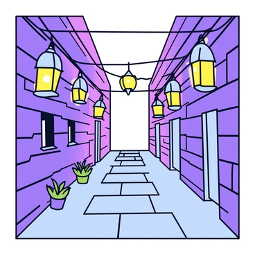 A narrow cobblestone alleyway lined with brick walls on both sides. Hanging above the alleyway are several vintage lanterns, each glowing softly with a warm yellow light. The lanterns cast elongated shadows along the ground and walls, creating an atmosphere of intrigue. The ground is slightly wet, reflecting the light from the lanterns, and there are small potted plants at the edges of the alley, adding a touch of greenery.