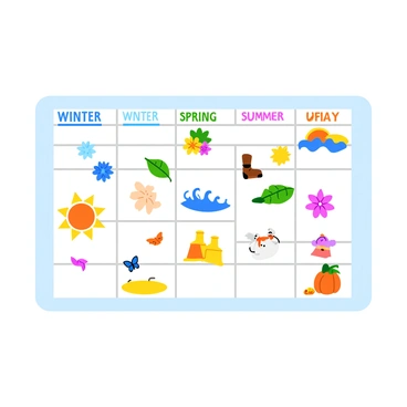 A monthly calendar design featuring a unique illustration for each season. The top section displays "Winter" with whimsical snowflakes and a snowman. Below, "Spring" is represented with blooming flowers and butterflies. The "Summer" section showcases a bright sun with beach elements like waves and sandcastles. Lastly, "Fall" is depicted with colorful autumn leaves and pumpkins. The calendar is laid out in a grid format, with each month clearly labeled in bold text. Each seasonal illustration is vibrant and colorful, enhancing the overall appeal of the calendar.