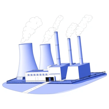 A nuclear power plant is situated against a backdrop of a clear sky. The structure features several cooling towers that stand tall, with steam rising from their tops. The cooling towers are cylindrical, tapering towards the top, and their surfaces appear textured. Surrounding the plant, there are fences and access roads. In the foreground, there is a pathway leading towards the plant, bordered by grassy areas. The overall composition highlights the architecture of the power plant and the steam rising prominently into the sky.