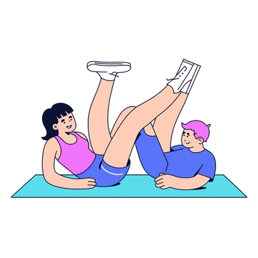 A couple is positioned on matching yoga mats, each a vibrant shade of teal. They are facing each other, engaging in synchronized bicycle crunches. Both individuals have fit physiques, with one wearing a red tank top and the other a blue t-shirt. Their legs are raised in the air, and their elbows are bent as they twist their torsos towards each other, demonstrating perfect harmony in their movements. The background is a simple light color to emphasize their exercise routine.