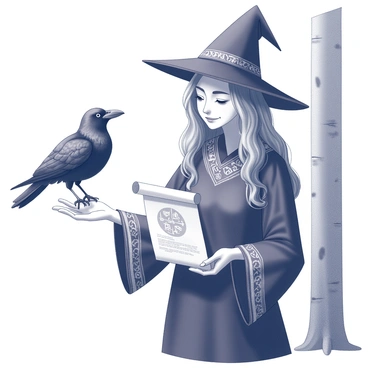 A witch with long flowing hair is standing with a focused expression on her face. She is wearing a dark robe adorned with intricate patterns. On her left arm, a wise raven is perched, its glossy feathers reflecting the light. The raven is holding a scroll in its beak, which has ancient symbols inscribed on it. The witch extends her other hand towards the scroll, ready to take it. The background features a hint of a mystical forest, with tall trees and subtle shadows enhancing the atmosphere of the scene.