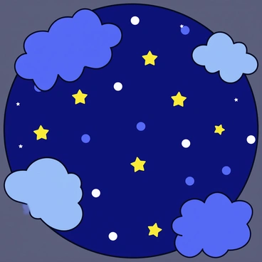 A galaxy with swirling shapes representing stars in various sizes. The stars are depicted as bright dots scattered across the composition. There are several cloud-like formations around the stars, illustrated with soft edges and varying shades to suggest a nebulous appearance. The background is a deep, dark color to highlight the brightness of the stars and the clouds.