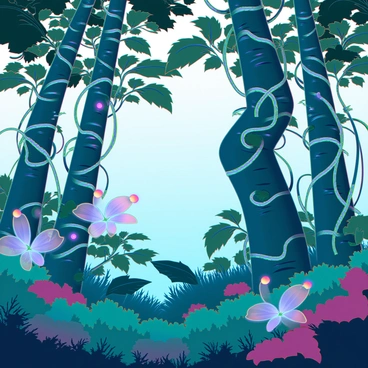 A dense jungle filled with lush greenery where every plant exhibits a blend of natural and synthetic materials. The trees have bark that shimmers with metallic hues, their leaves glisten with a plastic-like sheen, reflecting vibrant colors. Vines twist around the trunks, intertwining organic fibers with glowing cables. Exotic flowers bloom, featuring petals made of translucent materials that emit soft light, and colorful bulbs that pulse like neon lights. The ground is covered in underbrush, with patches of moss that have a rubbery texture and artificial foliage scattered among the organic vegetation. In the background, a faint mist envelops the scene, enhancing the surreal quality of this hybrid environment.