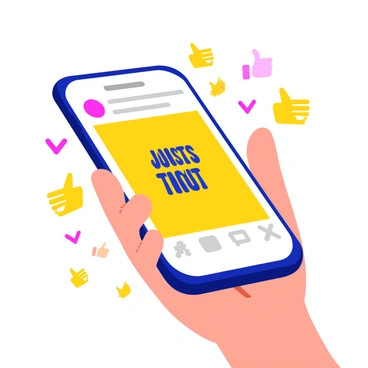 A smartphone screen displaying a vibrant social media post. The post features a colorful background with bold text. Numerous "likes" and "thumbs-up" emojis are scattered around the post, creating a lively atmosphere. The smartphone is held in a hand, and the edges of the device are sleek and modern. The screen reflects a bright light, enhancing the visual appeal of the post.