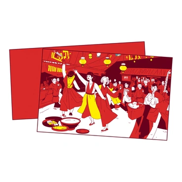 A red business card features an energetic illustration of a cultural festival scene. In the center, there are vibrant figures dressed in traditional attire, dancing joyfully. Colorful banners and lanterns hang overhead, creating a festive atmosphere. A group of musicians plays lively instruments to the side, adding to the celebratory spirit. The background shows a crowd of smiling attendees enjoying the festival, with stalls displaying various cultural artifacts and foods.