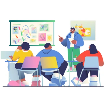 A diverse group of students is seated in a well-lit classroom, attentively watching a teacher standing beside a large whiteboard. The teacher, who has dark hair and is wearing glasses, is demonstrating illustration techniques with colorful markers. The students include a girl with curly hair wearing a yellow sweater, a boy with short black hair in a blue hoodie, and another student with long straight hair dressed in a red t-shirt. They are taking notes on their notepads, with their eyes focused on the teacher and the whiteboard. Some students have art supplies on their desks, including sketchpads and colored pencils. The classroom has bright posters of famous artworks on the walls.