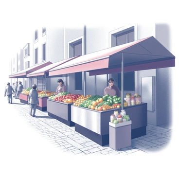 A bustling street market scene in Spain. Stalls line the cobblestone street, covered with colorful awnings. One stall displays an array of fresh produce, including ripe tomatoes, green peppers, and vibrant fruits like oranges and lemons. Another stall showcases various spices in neatly arranged containers, with some bags filled with aromatic herbs. Shoppers are browsing, examining goods, and engaging with vendors. The sun casts shadows over the market, highlighting the intricate details of the stalls and the produce on display. "Vibrant Spanish street market" is prominently featured in the center of the scene.