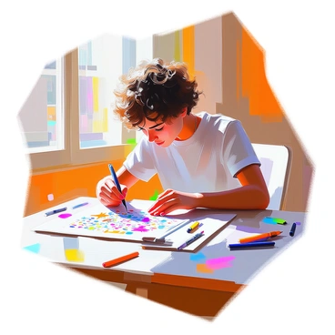 An artist with light skin and curly hair is focused on creating a whimsical illustration of an ID card. The ID card features a variety of unique doodles intertwined with playful elements like stars, hearts, and abstract shapes. The artist is sitting at a wooden table with colored pens scattered around, concentrating as they add colorful details to the design. The setting has a warm, inviting atmosphere, with sunlight streaming in through a window, illuminating the vibrant colors on the ID card.