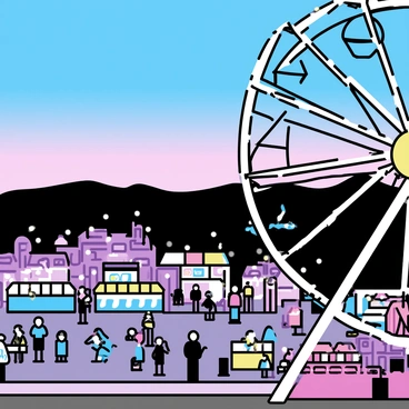 A view of the fairgrounds from atop a large ferris wheel. The sky is transitioning from light blue to darker shades of twilight, showcasing hints of pink and purple. Below, vibrant stalls and attractions are visible, with colorful lights starting to illuminate the area. People can be seen enjoying the fair, waiting in line at food stands and playing games. The ferris wheel itself has bright lights outlining its structure, adding to the festive atmosphere.