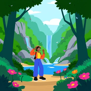 A character named "Maveli" explores a dense rainforest filled with towering trees that have thick, green foliage. Sunlight filters through the leaves, creating dappled patterns on the forest floor. There are vibrant exotic flowers in various colors scattered among the lush undergrowth. In the background, hidden waterfalls cascade down rocky cliffs, with crystal-clear water splashing into serene pools below. Maveli is depicted wearing a practical outfit, looking around with curiosity, as small birds and butterflies flutter nearby.