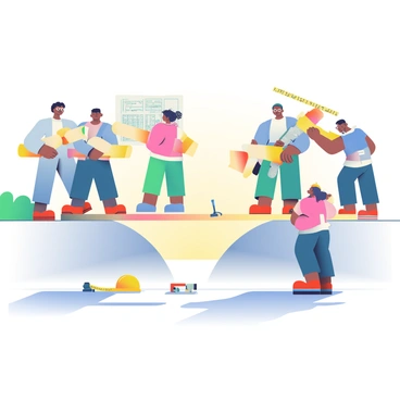 A group of six diverse individuals is collaborating to build a bridge across a wide gap. Two individuals are on one side of the gap, holding large wooden beams, while another person is using a blueprint to guide the construction. A woman with curly black hair is securing the beams together with a power drill. On the other side of the gap, a man with glasses is measuring the distance with a tape measure. Nearby, a yellow helmet rests on the ground next to a toolbox filled with various tools. The sun is shining brightly, casting clear shadows of the workers on the ground, emphasizing their teamwork and determination.