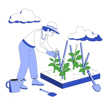 A gardener is seen in the midst of a garden, securing young plants to stakes in anticipation of an approaching storm. The gardener is wearing a wide-brimmed hat and gloves, bending slightly over as they carefully tie the plants to sturdy wooden stakes driven into the soil. The plants have lush green leaves and delicate flowers that are beginning to sway in the breeze. Dark clouds are gathering in the sky above, hinting at the storm's arrival. Nearby, a small watering can and a spade are placed on the ground, indicating recent gardening activity.
