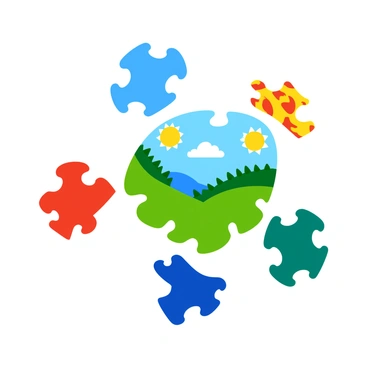 Several colorful puzzle pieces are floating in the air, each piece featuring unique patterns and vibrant colors such as red, blue, green, and yellow. The pieces are arranged in a dynamic formation, with some overlapping slightly as they move towards each other. In the center, a nearly complete image is starting to emerge, showcasing a bright landscape with a sun, clouds, and trees. Each puzzle piece has a glossy finish that reflects light, adding to the lively atmosphere of the scene.