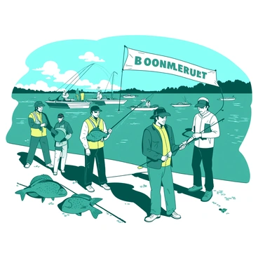 A teal fishing tournament scene takes place on a bright sunny day. Several participants are standing on the shore, proudly displaying their catches of large, greenish-brown largemouth bass. Some participants are wearing colorful fishing vests and hats, while others hold fishing rods. In the background, there are several boats on the shimmering water, with a few anglers casting their lines. The atmosphere is energetic with people chatting and cheering. A white banner hangs in the distance, showing the tournament's name in bold letters.