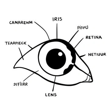 A detailed illustration of a human eye, labeled to show different parts. The "iris" is prominently displayed in the center, with surrounding areas labeled as "pupil" and "sclera." The "retina" is shown at the back of the eye, with lines indicating its connection to the optic nerve. Additional labels highlight the cornea and lens, providing a comprehensive view of the eye's anatomy. The illustration features clear demarcation of each part, with a focus on anatomical precision.