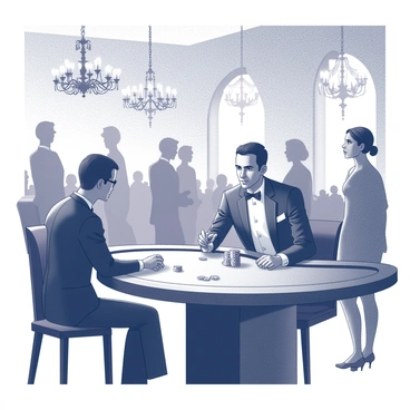 A luxurious casino interior, featuring a large poker table in the center. The table is surrounded by elegantly dressed individuals, with chips and cards scattered across its surface. A secret agent wearing a well-fitted black tuxedo sits confidently at the table, exuding an air of sophistication and focus. His expression is serious as he assesses his opponents. The background showcases opulent chandeliers hanging from the ceiling and patrons mingling in stylish attire, immersed in the excitement of the casino atmosphere.