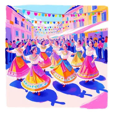A cultural festival scene showcases a group of dancers performing. Each dancer is wearing a vibrant costume adorned with intricate patterns and bright colors. They are showcasing traditional foulards, which flow gracefully as they dance. The dancers are arranged in a circular formation, with their arms raised and smiling faces expressing joy. Colorful banners and decorations surround the area, enhancing the festive atmosphere. In the background, there are spectators watching the performance, adding to the lively scene.