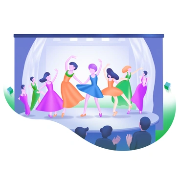 A stage scene featuring young performers engaged in a dance recital. The dancers are dressed in vibrant costumes, each reflecting a different color and design, creating a lively and diverse visual. In the background, soft stage lighting illuminates the performers, enhancing the energy of the performance. Some dancers are performing graceful ballet movements, while others showcase lively contemporary dance steps. Audience members can be seen clapping and enjoying the performance, capturing the excitement of the event.