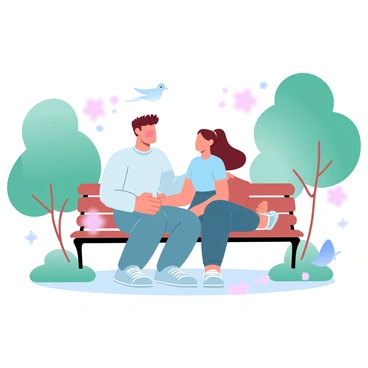 Two young characters are sitting on a park bench. One character has short, curly hair and is wearing a light sweater, with a deep blush visible on their cheeks. The other character has long hair tied in a ponytail and is wearing a colorful t-shirt, looking slightly to the side with a hint of shyness. Surrounding them are lush green trees and a few scattered flowers, creating a vibrant atmosphere. A small bird is perched nearby, adding to the serene setting.