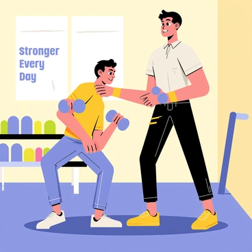 A personal training session featuring a fitness instructor and a client in a brightly lit gym. The instructor, a muscular figure, is demonstrating the "dumbbell bent over row" exercise. The client, a determined individual, is mimicking the exercise with a pair of dumbbells in hand. The instructor is providing guidance by adjusting the client's form, highlighting the importance of keeping the back straight. Various gym equipment, including dumbbells and a bench, are visible in the background. The floor is made of dark rubber mats, and a motivational poster with the quote "Stronger Every Day" hangs on the wall.