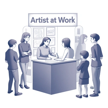 An illustrator is seated at a small booth, focused on their drawing. They are holding a pencil in one hand, while the other hand rests on the drawing surface. Surrounding the booth are several curious onlookers, varying in age and appearance. Some are standing with arms crossed, while others are leaning in closer to get a better view of the artwork. The booth is adorned with sketches and prints displayed on the surrounding walls. A sign above the booth displays the illustrator's name and title "Artist at Work". The atmosphere is lively, filled with interest and excitement from the audience.