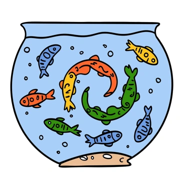 A school of colorful guppies swimming together, forming intricate shapes in the water. The guppies display a variety of colors, including bright orange, yellow, blue, and green, with distinctive patterns on their bodies. Some guppies are swimming in a circular formation while others create a spiral pattern. The water is clear, allowing for visibility of the guppies' movements and the shimmering effects of light reflecting on their scales. Small bubbles are rising from the bottom of the tank, adding to the lively scene of the underwater world.