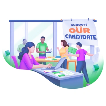 A modern pastel illustration depicting several volunteers working in a bright and organized campaign office. In the foreground, a young woman is sitting at a desk, typing on a laptop, with a notepad and colorful sticky notes scattered around her. To her right, a young man is hanging up a large banner that reads "Support Our Candidate" in bold letters. In the background, a diverse group of volunteers is engaged in discussions and assembling campaign materials, with pamphlets and flyers spread across a table. A large window allows natural light to fill the room, highlighting the energy and teamwork of the volunteers.