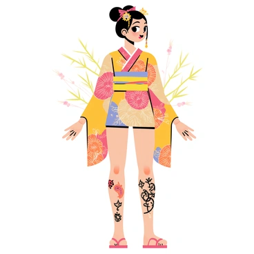A pin-up girl stands confidently, wearing a vibrant geisha-inspired outfit. Her attire includes a colorful kimono with intricate floral patterns and a wide obi sash tied around her waist. She has traditional Japanese tattoos visible on her arms and legs, depicting koi fish and cherry blossoms. Her hair is styled in a classic geisha fashion, with ornate hairpins and a kanzashi. The setting includes a subtle background of bamboo and cherry blossom branches, enhancing the cultural theme.