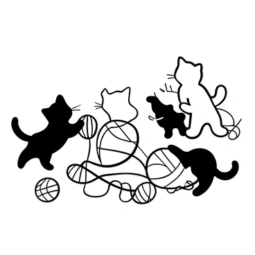 Three little kittens are engaged in playful antics with yarn balls scattered around. One kitten is pouncing on a bright yarn ball, while another is playfully swatting at a ball that has unraveled. The third kitten is curled up beside a ball, with strands of yarn tangled playfully around its paws. The scene conveys a sense of lively activity, with yarn strings crisscrossing the area.