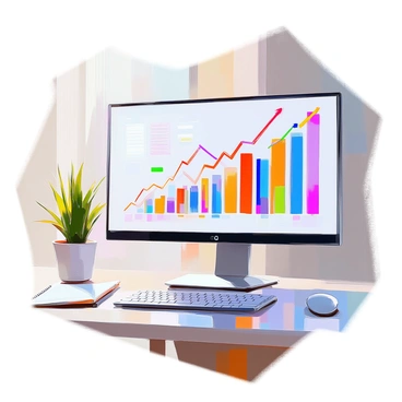 A computer screen displays a dynamic sales report graph prominently featuring upward trends. The graph is filled with vibrant colors, showcasing various data points that indicate growth over time. Each line on the graph represents different sales categories, with bright markers highlighting significant peaks. The screen is set against a modern office backdrop, with soft lighting emphasizing the digital display. A keyboard and notepad are positioned beside the monitor to suggest an active work environment.