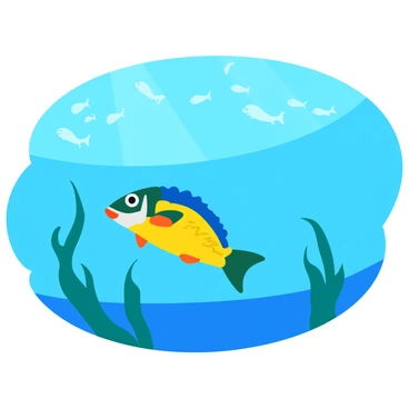 An ocean scene depicting a vibrant underwater environment. In the foreground, a single, colorful fish swims gracefully through the water. The fish has bright scales in shades of blue, yellow, and green, showcasing intricate patterns. Surrounding the fish, there are faint outlines of where a school of fish used to be, suggesting movement in the water. The background features swaying seaweed and beams of sunlight filtering down from the surface, creating a lively and dynamic atmosphere.