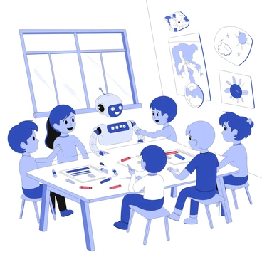 Children creating art with the help of a friendly AI robot in a colorful classroom.
