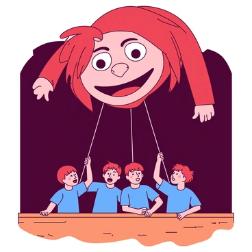 A large puppet with vibrant red fabric, resembling a whimsical character, looms over a wooden stage. The puppet's facial features are exaggerated, with large expressive eyes and a smiling mouth. Below the puppet, a group of young puppeteers, dressed in bright blue shirts, enthusiastically manipulate the strings attached to the puppet. The stage has a rich dark background, accentuating the vividness of the puppet and the energy of the performers. The young puppeteers are focused, their faces filled with concentration as they bring the puppet to life.