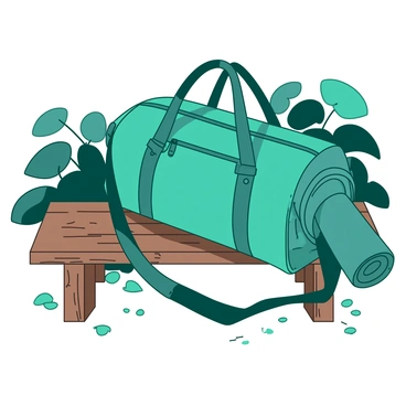 A teal yoga bag made of sustainable materials is resting on a brown wooden bench. The bag features stylish straps and a zipper that is slightly open, revealing a glimpse of a yoga mat inside. The wooden bench has a rustic finish, with visible grain patterns and knots. Sunlight filters through nearby leaves, casting soft shadows on the bag and bench, enhancing the natural aesthetic of the scene.