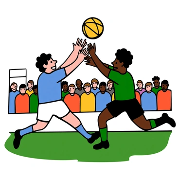 Two rugby players are engaged in a fierce contest for a ball on the field. One player has light skin and short black hair, wearing a blue jersey with white shorts. He is leaning forward aggressively, stretching his arm to grab the ball. The other player has dark skin and short curly hair, wearing a green jersey with black shorts, is also reaching for the ball with determination. The scene captures their intense focus and competitive spirit as they clash on the grassy field surrounded by a cheering crowd in the background.