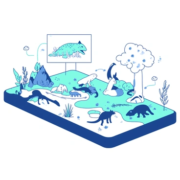 A diorama depicting a food chain with a clear representation of various species. At the top of the diagram, there is an illustration of a large predator in distress, symbolizing the loss of a key species. Below, several smaller animals are illustrated in their respective positions within the chain, showcasing their roles as prey. The environment is filled with plants and other organisms that are affected by the disruption. Lines connect each species, indicating their relationships, but one crucial line is broken, emphasizing the impact of the missing species on the entire ecosystem.