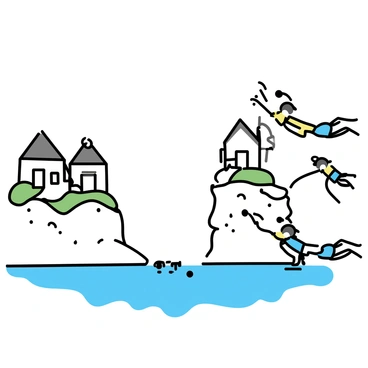 A quaint village built into a rocky cliffside, featuring small houses with sloped roofs and stone walls. The village is nestled amongst greenery, with small winding paths connecting the homes. Nearby, a group of divers, wearing bright colored wetsuits, are leaping off the edge of the cliff into the clear blue water below. The scene captures the excitement of the jumps and the peacefulness of the village setting.