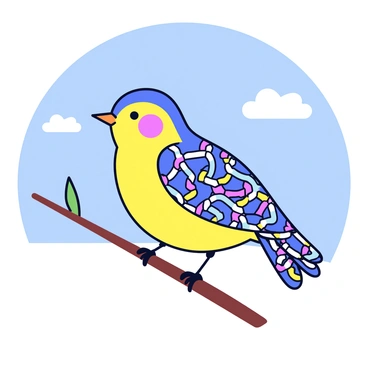 A bird with feathers that resemble strands of DNA, intertwining and vibrant in color. The bird is perched on a branch with its wings slightly open, showcasing the intricate patterns of its feathers. Above, a bright blue sky extends, dotted with a few fluffy white clouds. The sunlight casts a warm glow on the bird, highlighting its unique feather structure.