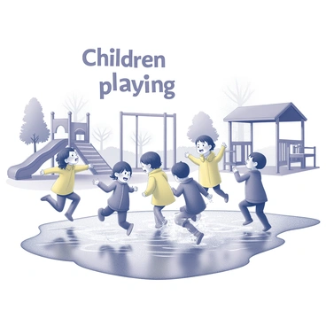 Children playing and splashing in a puddle at a colorful playground